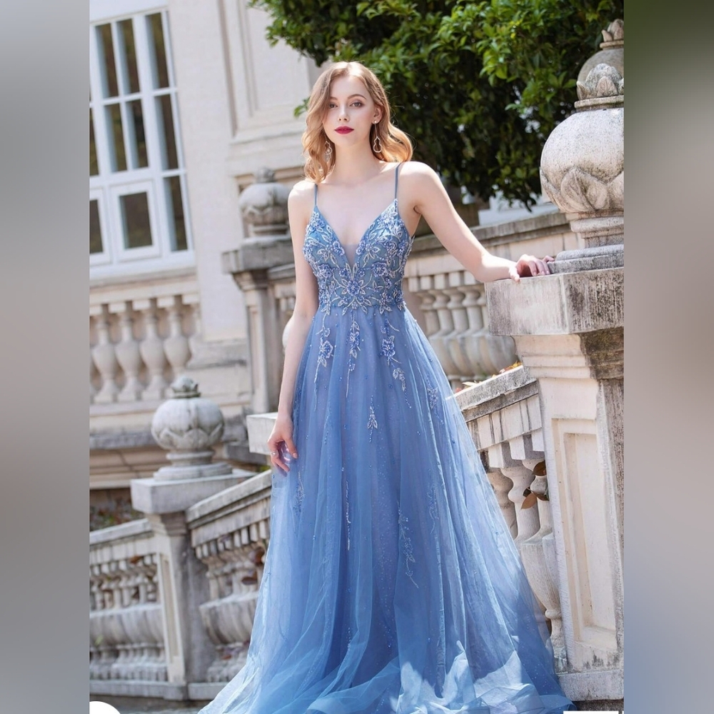 Elegant Blue Floral Ball Gown Size 7